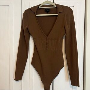 Brown Polo Collar Fitted Knot Bodysuit